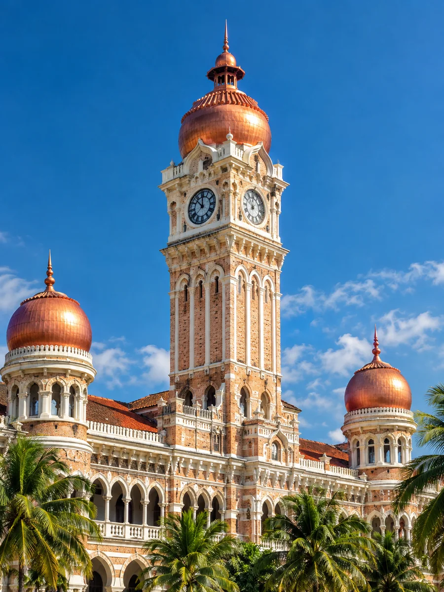 Der Uhrturm und die Kupferkuppeln des Sultan Abdul Samad Building vor blauem Himmel