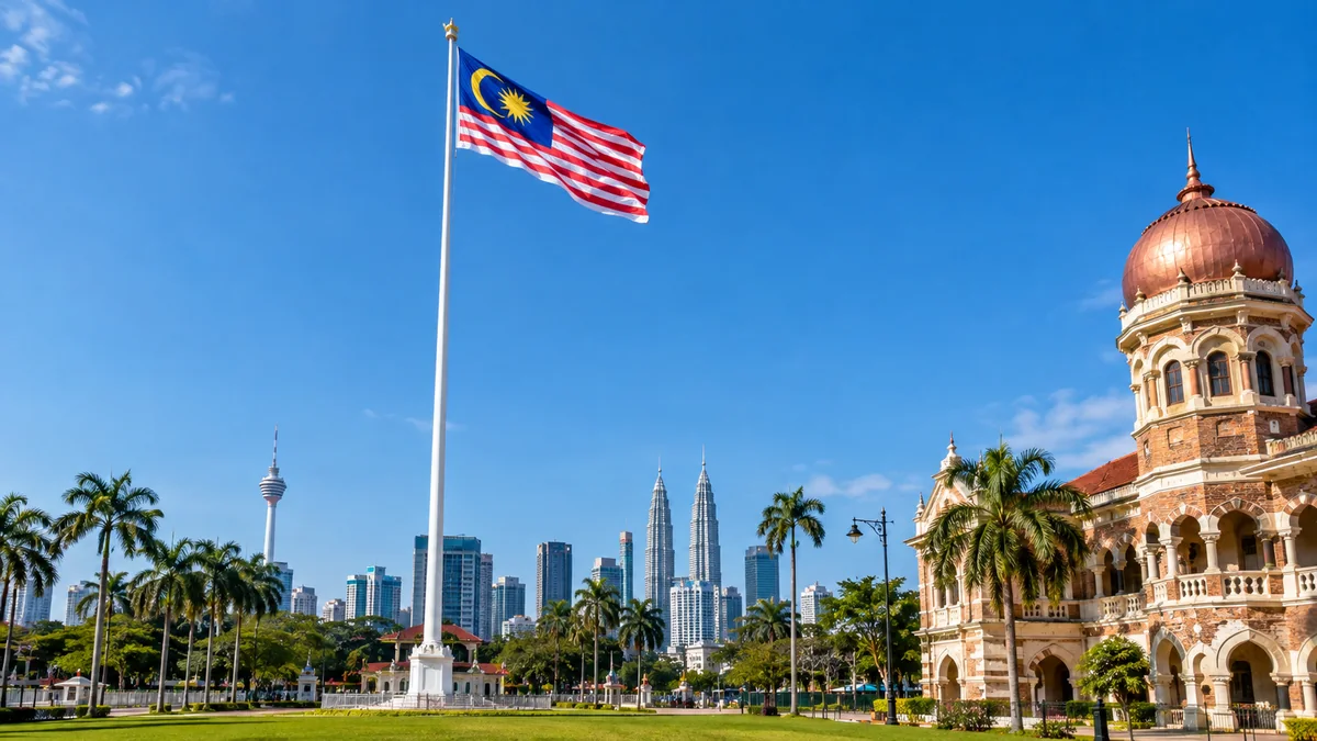 Der hohe Fahnenmast auf dem Merdeka-Platz mit der malaysischen Flagge vor blauem Himmel