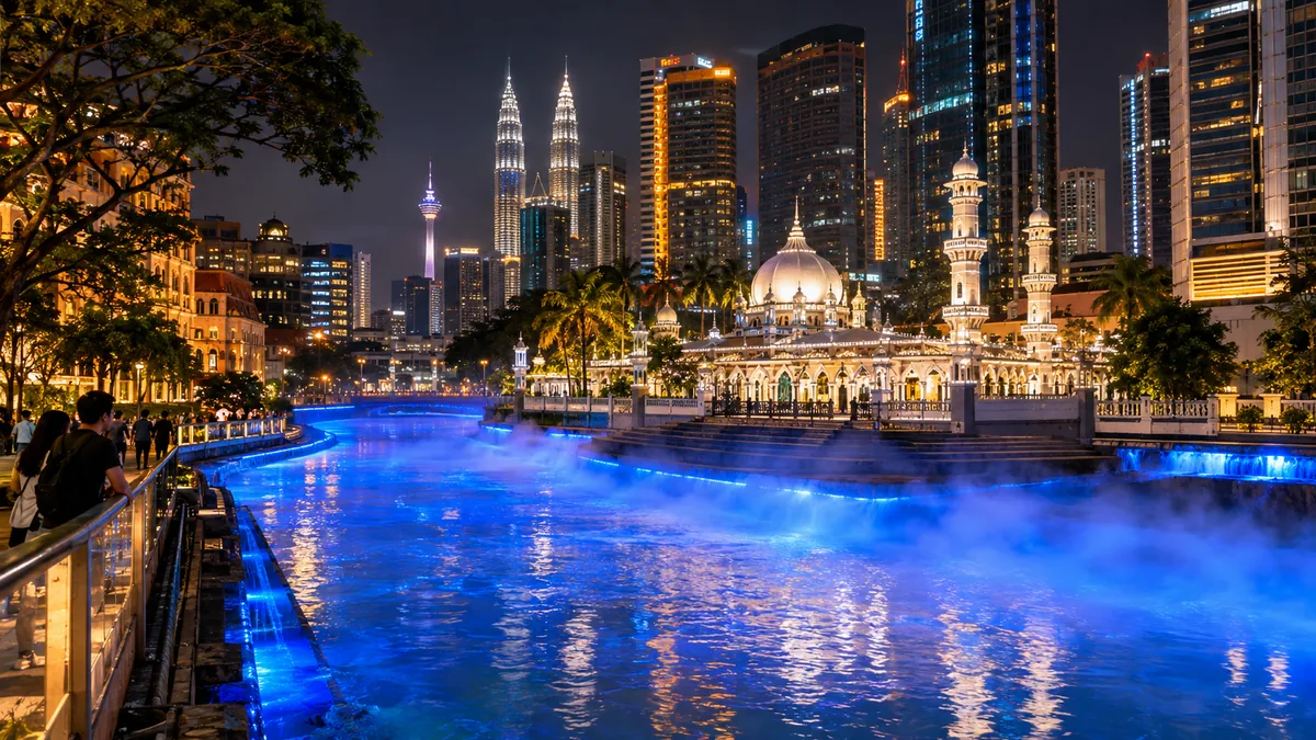 Der River of Life bei Masjid Jamek leuchtet nachts blau im Nebel