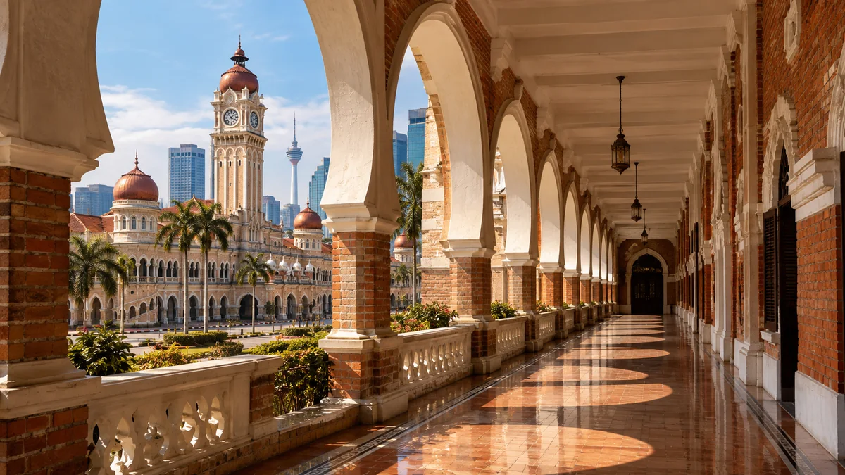 Eine schattige Veranda aus rotem Backstein und weißen Bögen am Sultan Abdul Samad Building